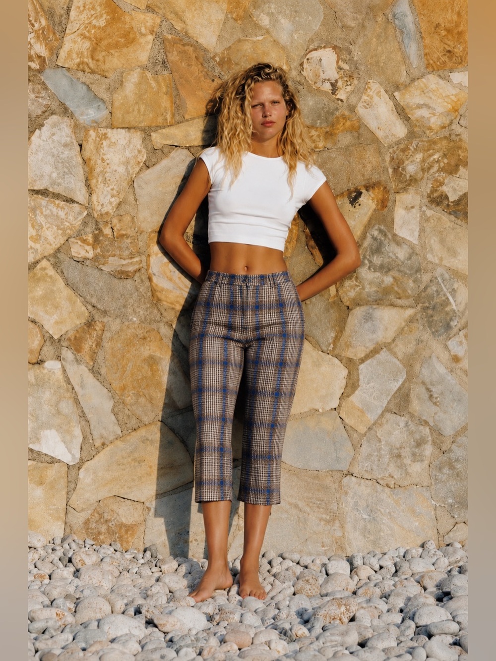 En Saison Plaid Cropped high waisted Women's Pants in Brown and Blue